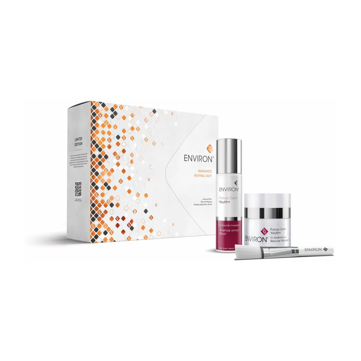Environ Radiance Revival Edit gift box with Avance Elixir, Revival Masque and applicator brush